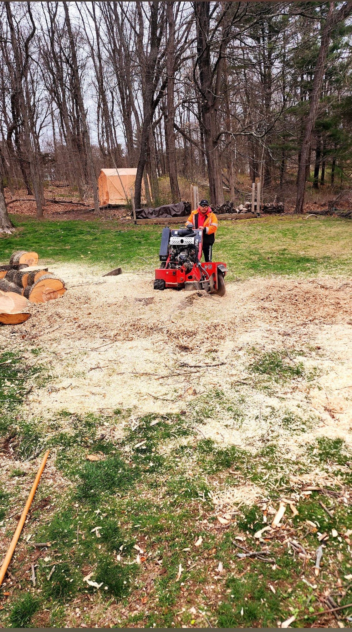 Person operating a red wood chipper in a camping area surrounded by bare trees and logs