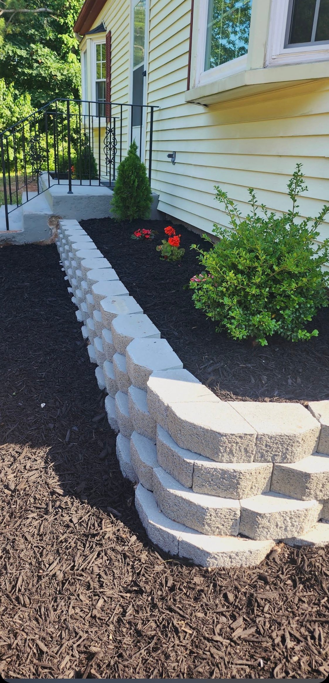 Modern home exterior with curved concrete retaining wall, black mulch, red flowers, green shrubs, and metal deck railing