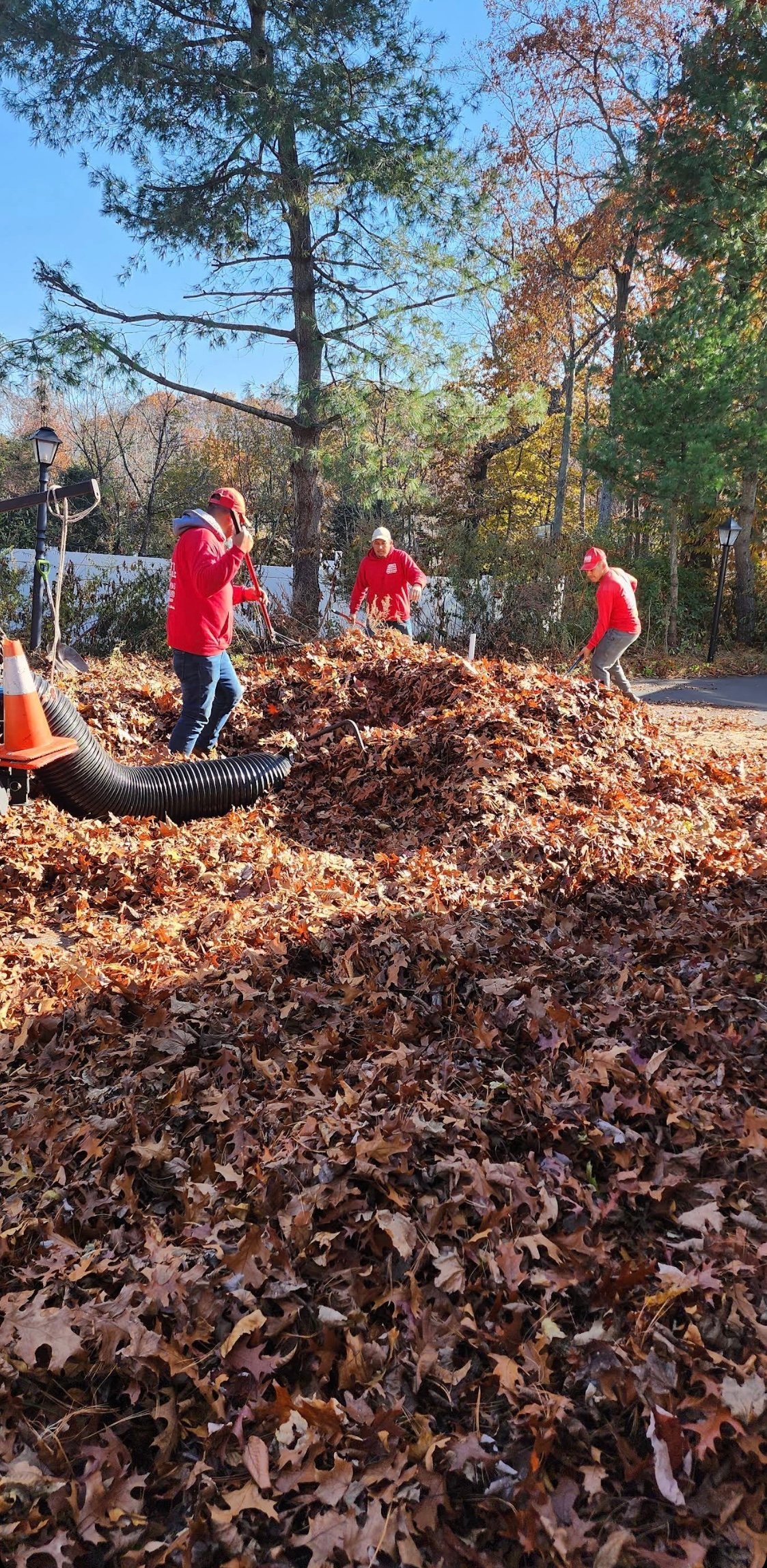 Volunteers in red jackets raking and bagging fall leaves during an outdoor community cleanup in autumn